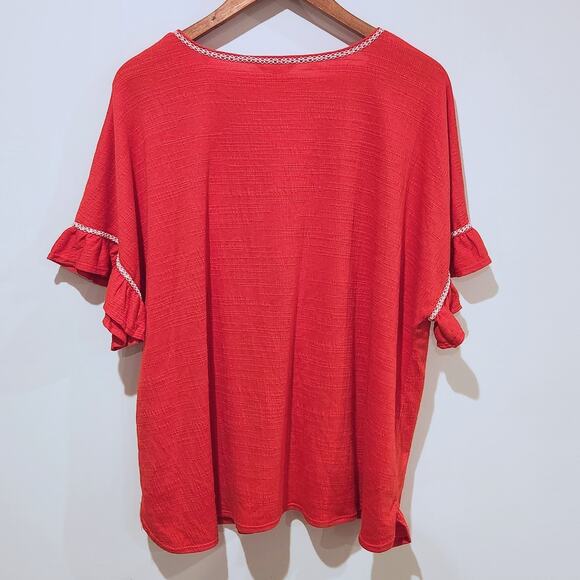 Max Studio Womens Red White Embroidered London Flutter Sleeve Blouse Size 2X - Picture 5 of 11